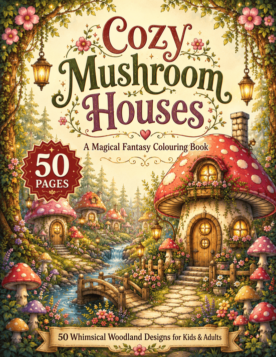 Cozy Mushroom Houses colouring book cover