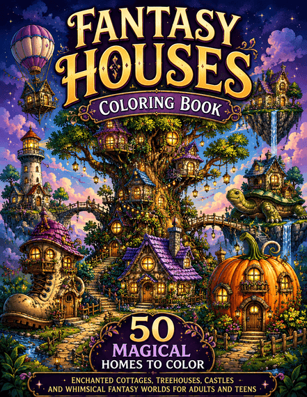 Cozy Fantasy Houses colouring book cover