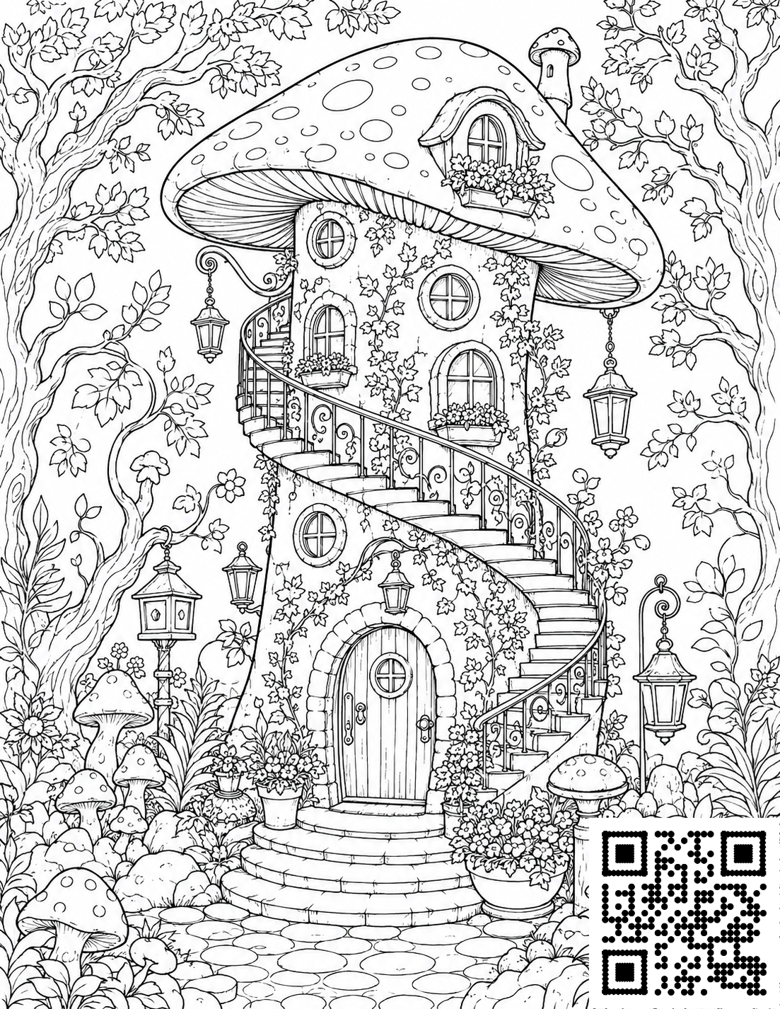 Cozy Mushroom Houses colouring page 1