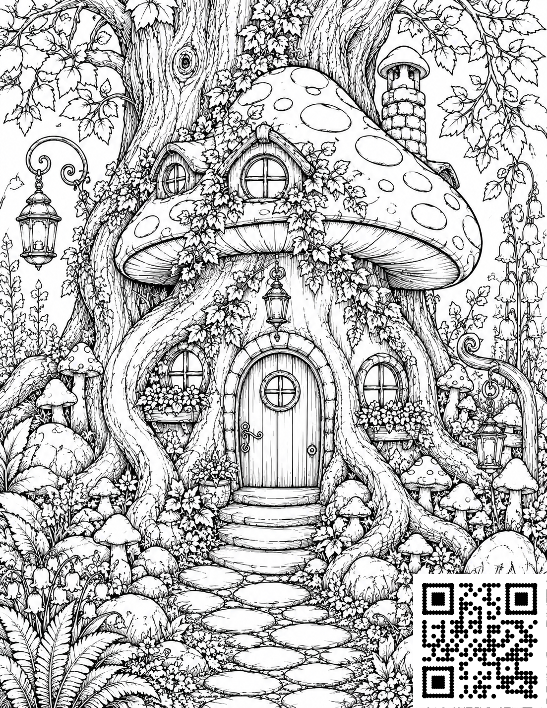 Cozy Mushroom Houses colouring page 3