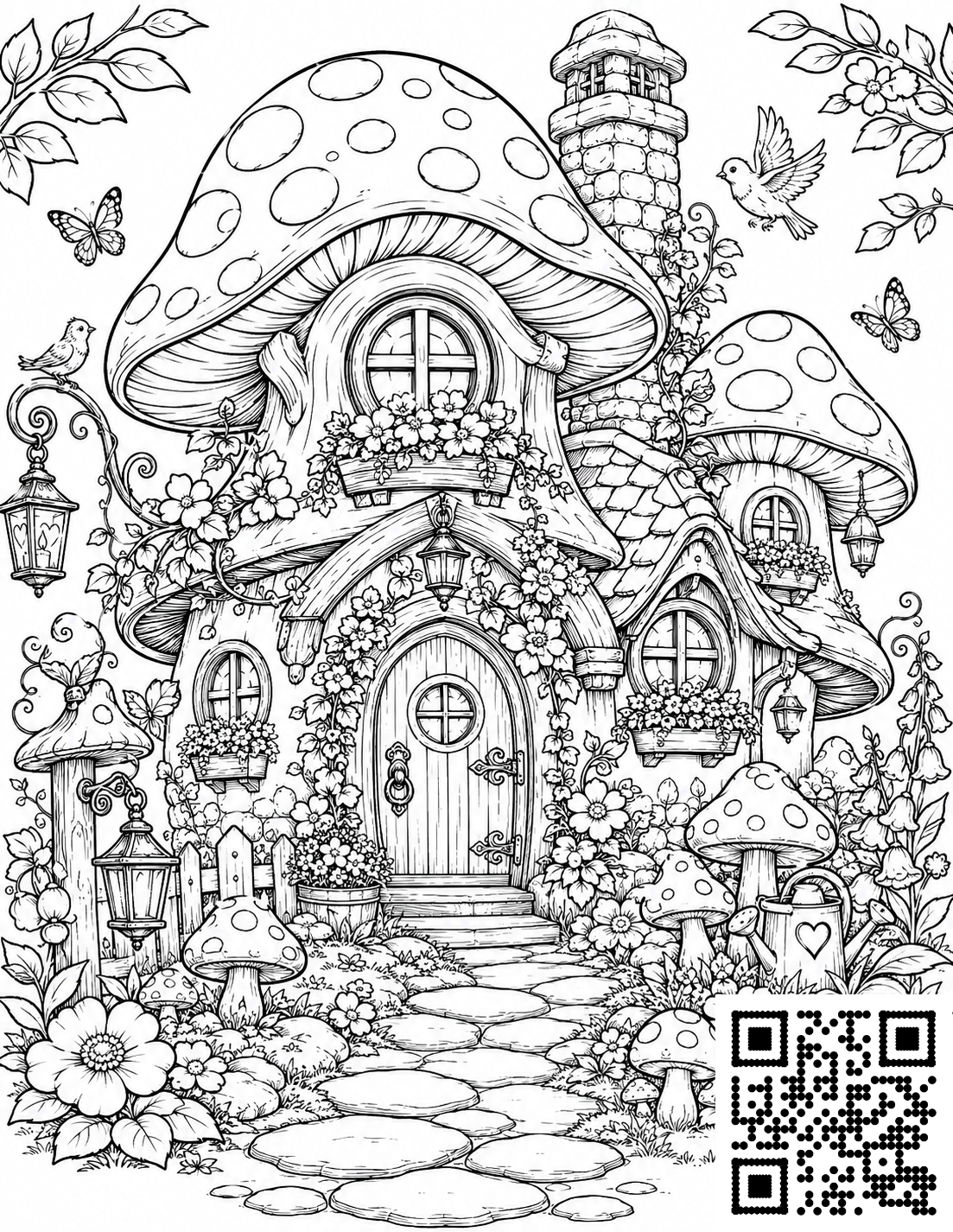 Cozy Fantasy Houses colouring page 1