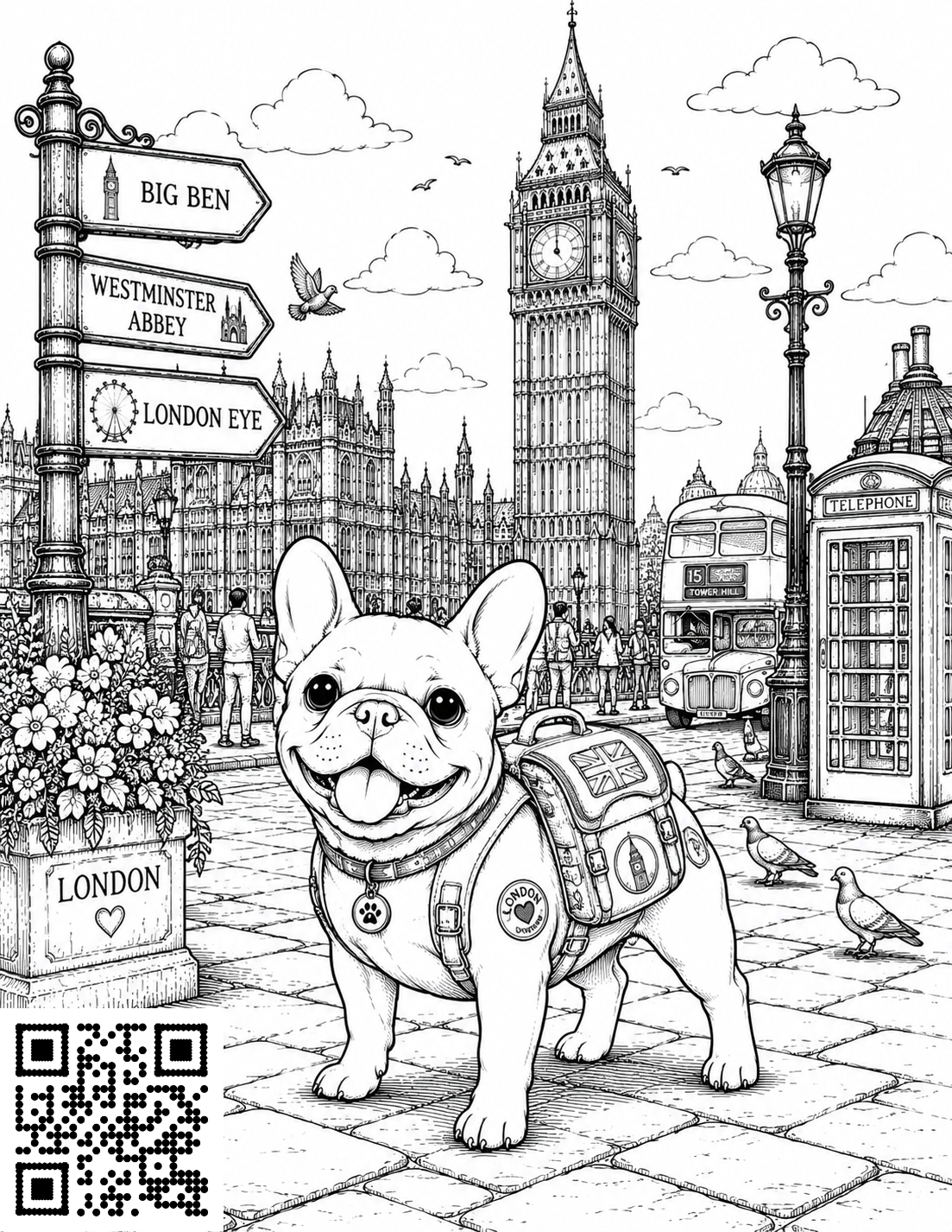 Frenchie on Holiday colouring page 2