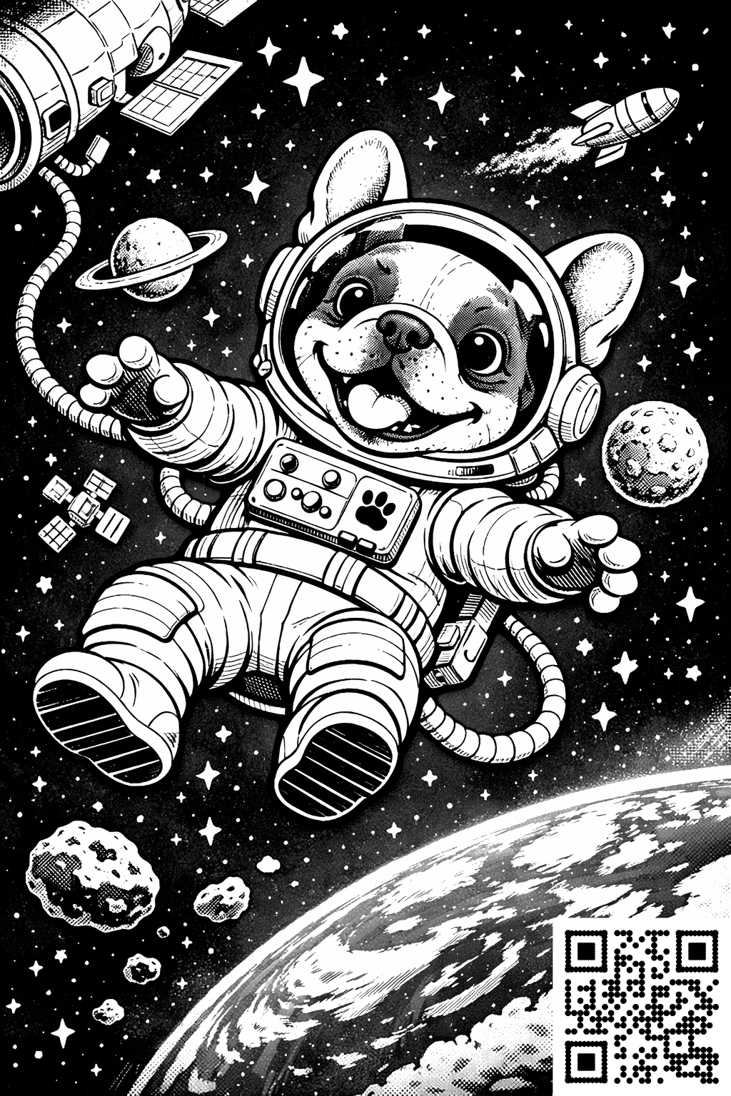 Frenchie in Space colouring page 2