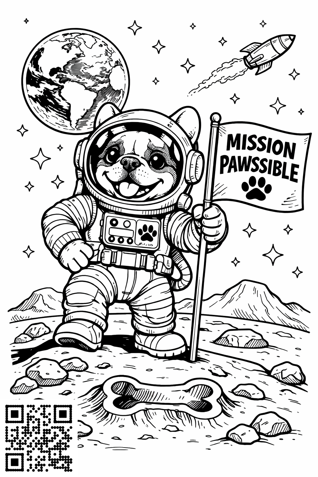 Frenchie in Space colouring page 3